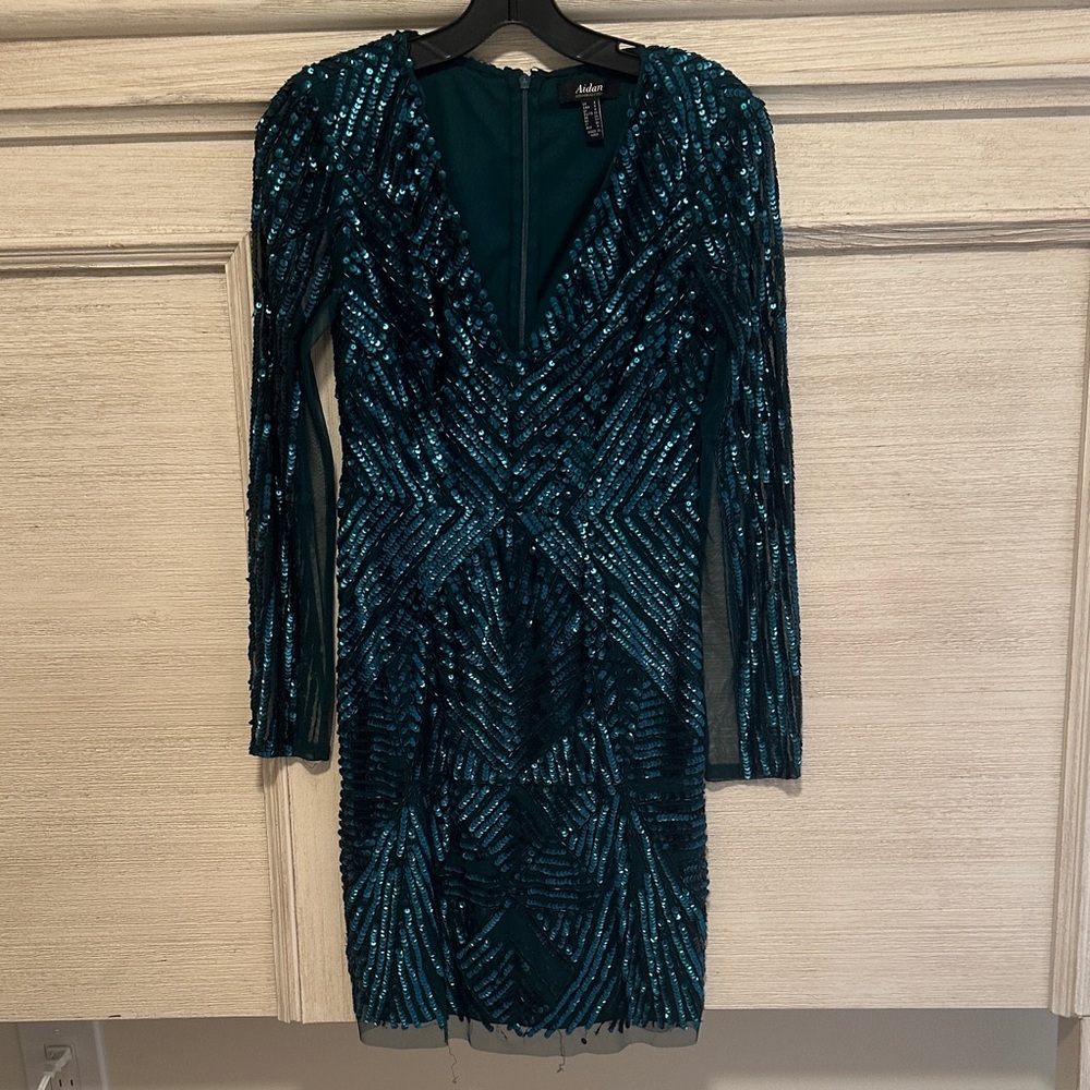 Aidan Mattox Teal Sequin Long Sleeve Dress